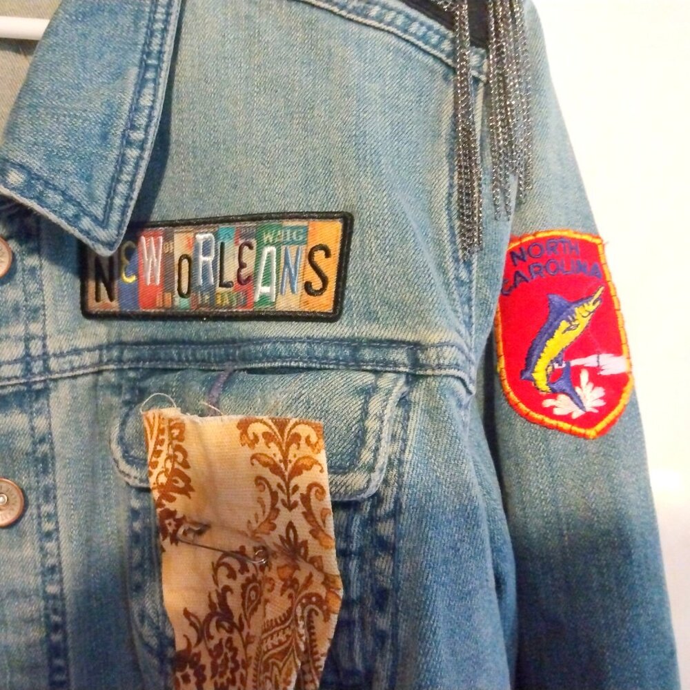 Upcycled Denim Jean Jacket XL Boho Rocker Patches Artsy Festival Mixed Media - Picture 7 of 15